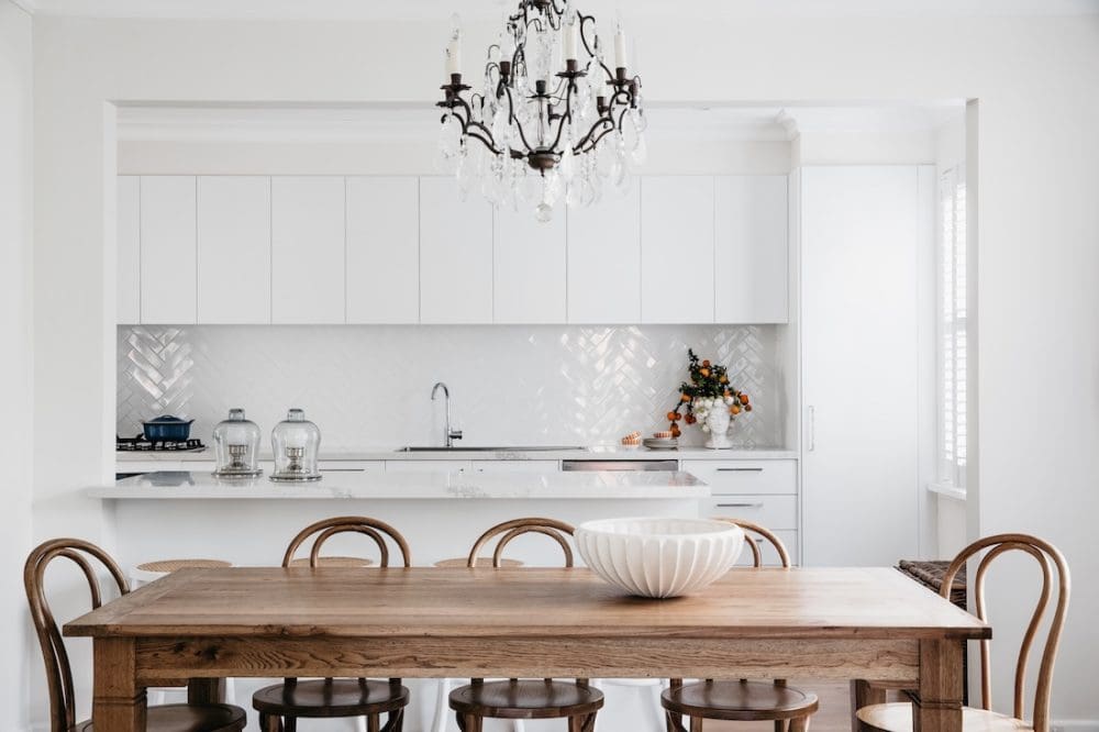 Dining room and kitchen in Patterned Sanctuary by The Stylesmiths